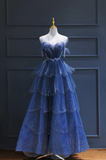 A line Royal Blue Tulle Beaded Long Senior Prom Dress HZ1022
