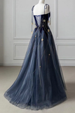 Elegant Navy Blue Spaghetti Strap Long Prom Dress with Star HZ1022