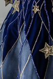 Elegant Navy Blue Spaghetti Strap Long Prom Dress with Star HZ1022
