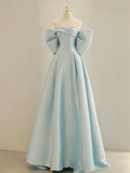 Simple A line Off the Shoulder Blue Satin Long Prom Dresses HZ1022