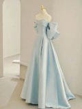 Simple A line Off the Shoulder Blue Satin Long Prom Dresses HZ1022