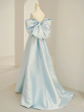 Simple A line Off the Shoulder Blue Satin Long Prom Dresses HZ1022
