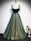 Green Straps Velvet Long Lace Prom Dresses HZ1022