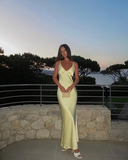 Gorgeous Sheath Straps Yellow Satin Prom Dresses Formal Summer Wedding Guest Dresses Wedding Guest Outfits HZ1121
