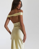 Gorgeous Sheath Off The Shoulder Yellow Satin Prom Dresses Formal Summer Wedding Guest Dresses Wedding Guest Outfits HZ1121