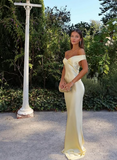 Gorgeous Sheath Off The Shoulder Yellow Satin Prom Dresses Formal Summer Wedding Guest Dresses Wedding Guest Outfits HZ1121