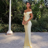 Gorgeous Sheath Off The Shoulder Yellow Satin Prom Dresses Formal Summer Wedding Guest Dresses Wedding Guest Outfits HZ1121
