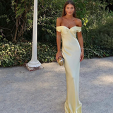 Gorgeous Sheath Off The Shoulder Yellow Satin Prom Dresses Formal Summer Wedding Guest Dresses Wedding Guest Outfits HZ1121