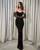 Vintage Mermaid Sweetheart Beads Black Sequins Long Prom Dress Party Dress Graduation Dresses Birthday Outfits HZ1121