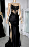 Pretty Sparkly Mermaid Strapless Black Lace Prom Dress With Slit Black Girl Graduation Dress HZ1121