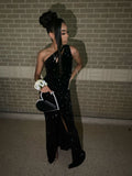 Pretty Mermaid One Shoulder Sequin Black Long Prom Dresses Black Girl Graduation Dress HZ1121
