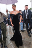 Pretty Mermaid Off The Shoulder Satin Black Long Prom Dresses Black Girl Graduation Dress HZ1121