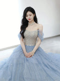 Sexy Ball Gown Off The Shoulder Blue Elegant Tulle Long Prom Dresses HZ1121