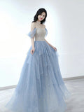 Sexy Ball Gown Off The Shoulder Blue Elegant Tulle Long Prom Dresses HZ1121