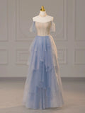 Sexy Ball Gown Off The Shoulder Blue Elegant Tulle Long Prom Dresses HZ1121