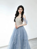 Sexy Ball Gown Off The Shoulder Blue Elegant Tulle Long Prom Dresses HZ1121
