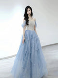 Sexy Ball Gown Off The Shoulder Blue Elegant Tulle Long Prom Dresses HZ1121