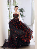 Classy Ball Gown Strapless Tulle Black Evening Dress Long Prom Dresses HZ1121