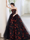 Classy Ball Gown Strapless Tulle Black Evening Dress Long Prom Dresses HZ1121
