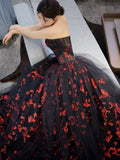 Classy Ball Gown Strapless Tulle Black Evening Dress Long Prom Dresses HZ1121