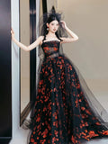 Classy Ball Gown Strapless Tulle Black Evening Dress Long Prom Dresses HZ1121