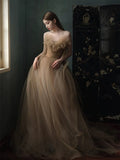 Classy Ball Gown Sweetheart Tulle Champagne Evening Dress Long Prom Dresses HZ1121