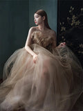 Classy Ball Gown Sweetheart Tulle Champagne Evening Dress Long Prom Dresses HZ1121