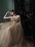 Classy Ball Gown Sweetheart Tulle Champagne Evening Dress Long Prom Dresses HZ1121
