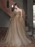 Classy Ball Gown Sweetheart Tulle Champagne Evening Dress Long Prom Dresses HZ1121