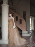 Classy Ball Gown Sweetheart Tulle Champagne Evening Dress Long Prom Dresses HZ1121