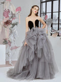 Classy Ball Gown Sweetheart Tulle Gray Evening Dress Long Prom Dresses HZ1121