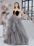 Classy Ball Gown Sweetheart Tulle Gray Evening Dress Long Prom Dresses HZ1121