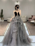 Classy Ball Gown Sweetheart Tulle Gray Evening Dress Long Prom Dresses HZ1121