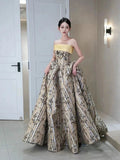 Classy Ball Gown Strapless Satin Floral Evening Dress Long Prom Dresses HZ1121