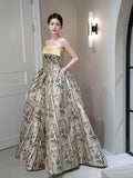 Classy Ball Gown Strapless Satin Floral Evening Dress Long Prom Dresses HZ1121