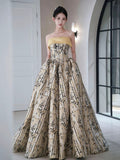 Classy Ball Gown Strapless Satin Floral Evening Dress Long Prom Dresses HZ1121
