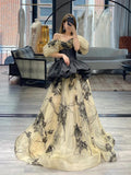 Sexy Ball Gown Off The Shoulder Champagne Elegant Tulle Long Prom Dresses HZ1121