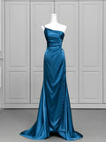 Classy Mermaid One Shoulder Blue Satin Evening Dress Long Prom Dresses HZ1121