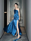 Classy Mermaid One Shoulder Blue Satin Evening Dress Long Prom Dresses HZ1121