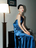 Classy Mermaid One Shoulder Blue Satin Evening Dress Long Prom Dresses HZ1121