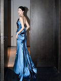 Classy Mermaid One Shoulder Blue Satin Evening Dress Long Prom Dresses HZ1121