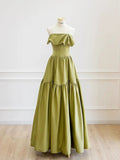 Classy Ball Gown Strapless Satin Olive Green Evening Dress Long Prom Dresses HZ1121