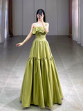 Classy Ball Gown Strapless Satin Olive Green Evening Dress Long Prom Dresses HZ1121