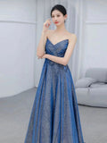 Classy Ball Gown Sweetheart Blue Sequin Evening Dress Long Prom Dresses HZ1121
