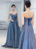 Classy Ball Gown Sweetheart Blue Sequin Evening Dress Long Prom Dresses HZ1121