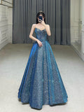 Classy Ball Gown Sweetheart Blue Sequin Evening Dress Long Prom Dresses HZ1121