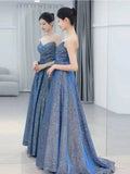Classy Ball Gown Sweetheart Blue Sequin Evening Dress Long Prom Dresses HZ1121