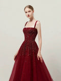 Classy Ball Gown Straps Burgundy Sequin Evening Dress Long Prom Dresses HZ1121