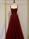 Classy Ball Gown Straps Burgundy Sequin Evening Dress Long Prom Dresses HZ1121