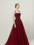 Classy Ball Gown Straps Burgundy Sequin Evening Dress Long Prom Dresses HZ1121